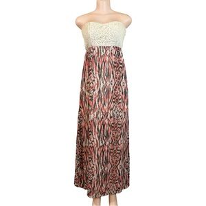 Strapless Empire Waist Maxi Dress Lace Size M Pink Tiger Print Slit M Resortwear